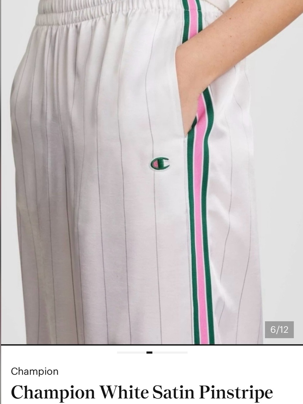 Champion White Satin Pinstripe Track Pants with Pink & Green Side Tape